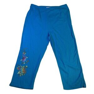 AKC Blue Linen Blend Floral Embroidered Cropped Pants Womens 1X Elastic Back VTG